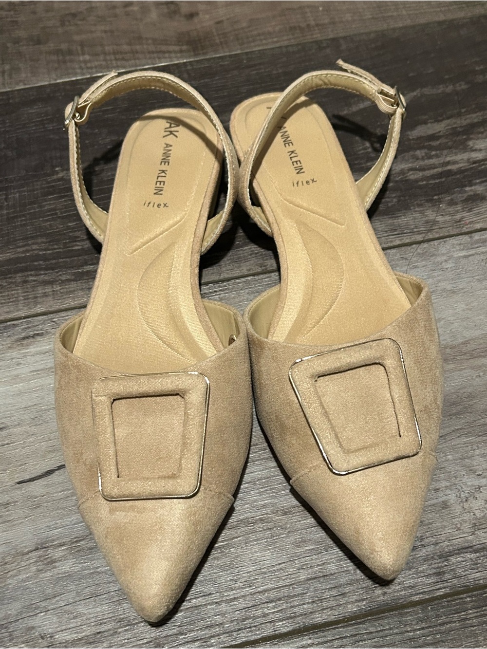 Anne Klein Tan Pointed Toe Buckle Slingback Flats